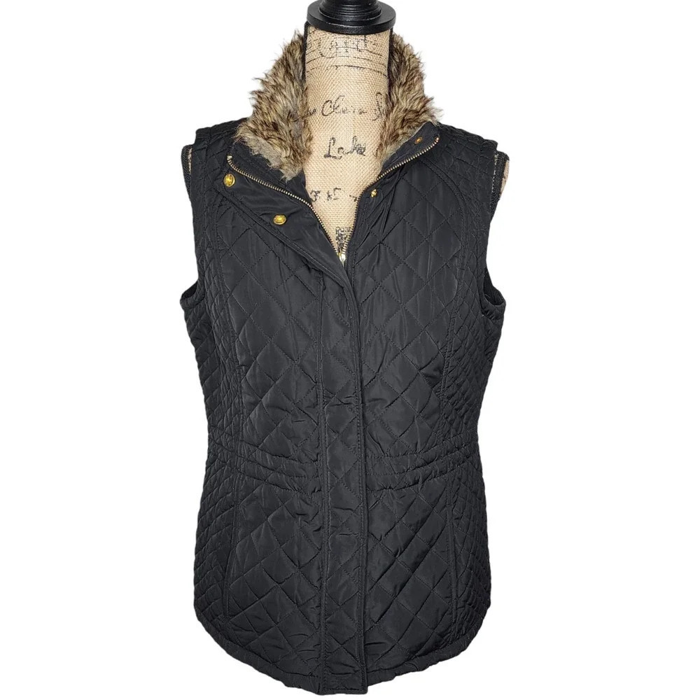 Adrienne Vittadini Womens Quilted Puffer Faux Fur Trimmed Vest Size Medium Black